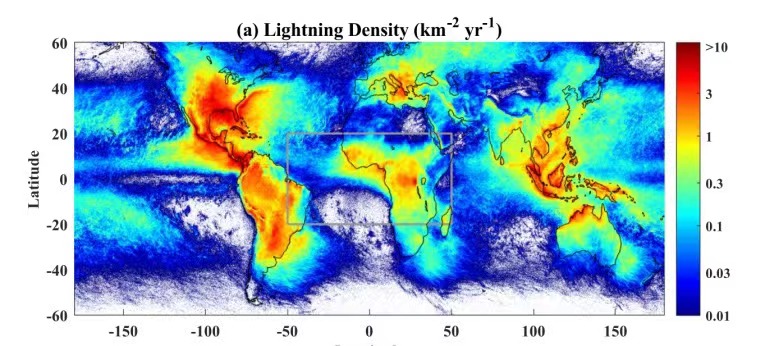 Global distribution of lightning density from 2013 to 2017