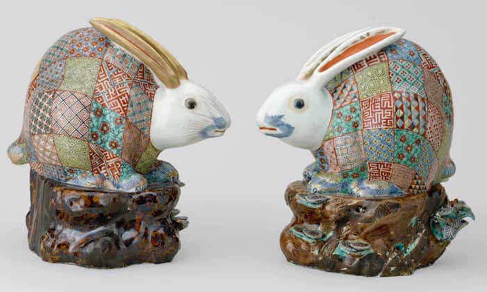 Pair of porcelain incense burners in the form of rabbits, 1680-1720