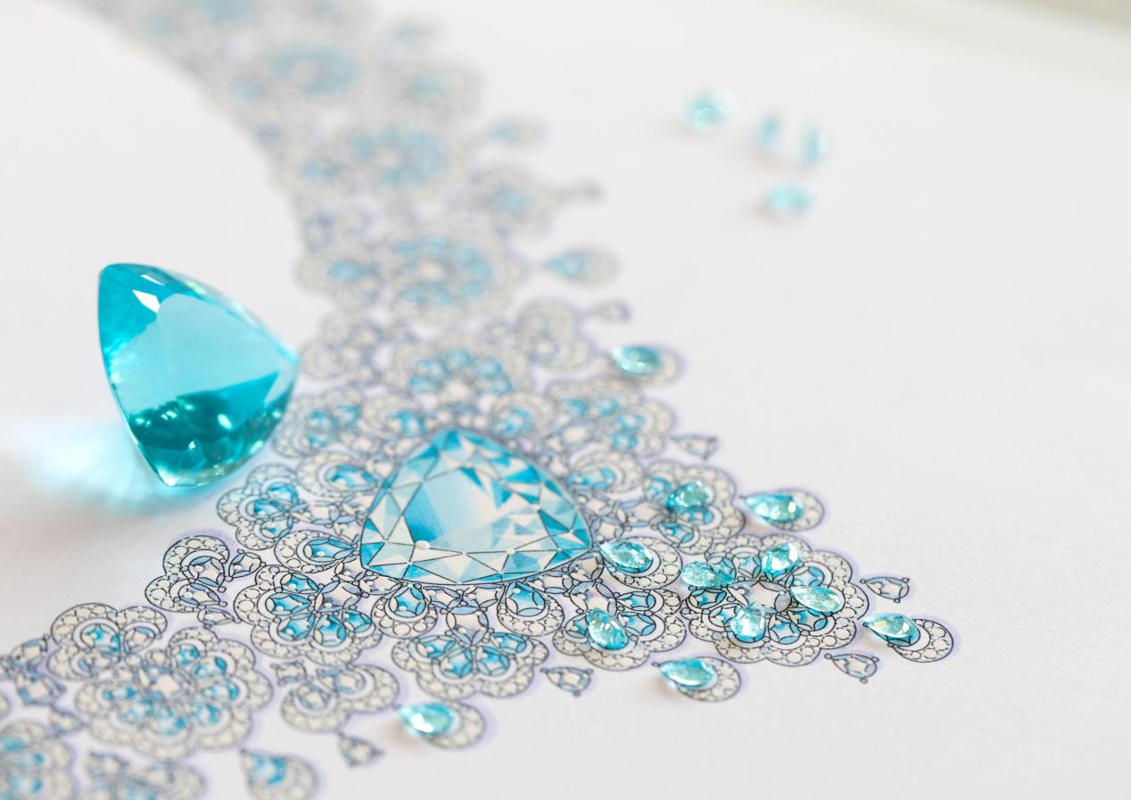 Chopard Precious Lace series Paraiba tourmaline necklace, the center stone weighs 34.63 carats.