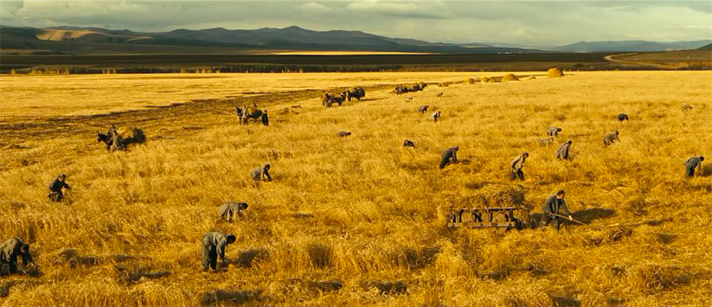 A still from the movie "White Deer Plain", the wheat harvester on the White Deer Plain.