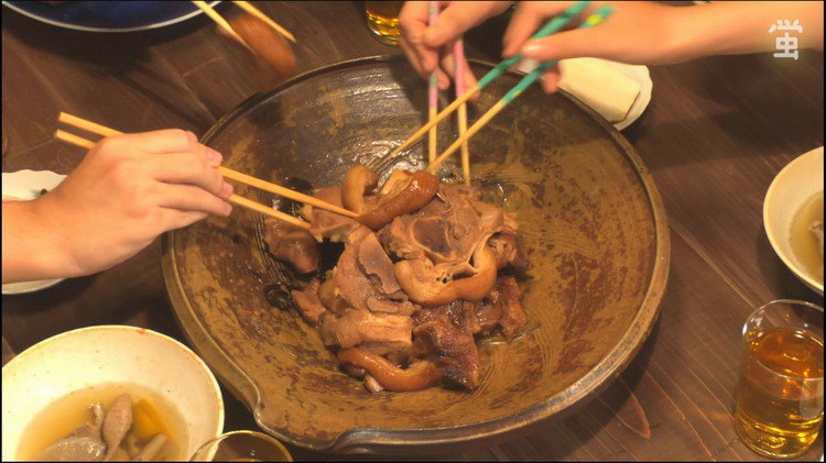 Close-up of pork dishes that appear in the play