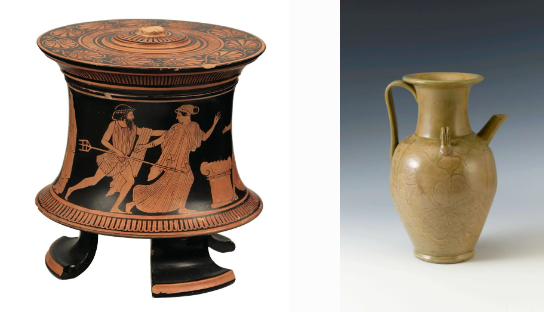 Left: Attica red painted box with lid, 470-460 BC, clay, 12.5 cm high, 8.8 cm diameter, 13.5 cm lid diameter, collected by the National Archaeological Museum of Athens; Right: Yue Kiln Celadon Glaze "Dazhongyuan" "Year" inscribed with a crossed flower holding pot, Tang Dynasty (618-907), height 27 cm, diameter 10.3 cm, belly diameter 16.2 cm, bottom diameter 9.9 cm, in the collection of Shanghai Museum