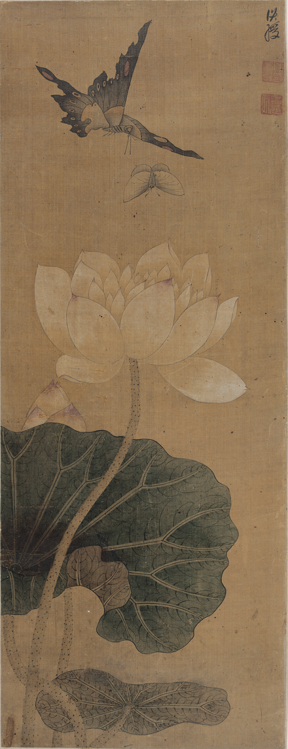 Ming Chen Hongshou, Lotus Double Butterfly Scroll, Collection of Art Museum of China Academy of Art, ink and color on silk, vertical 63cm, horizontal 24.5cm