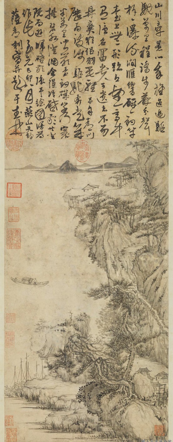 Figure 4 Yuan Dynasty, Sadulla, 1327, "Yanling Fishing Boat", scroll, ink on paper, 58.7x31.9cm, Shitang 26.7x31.8cm, in the collection of the National Palace Museum, Taipei.
