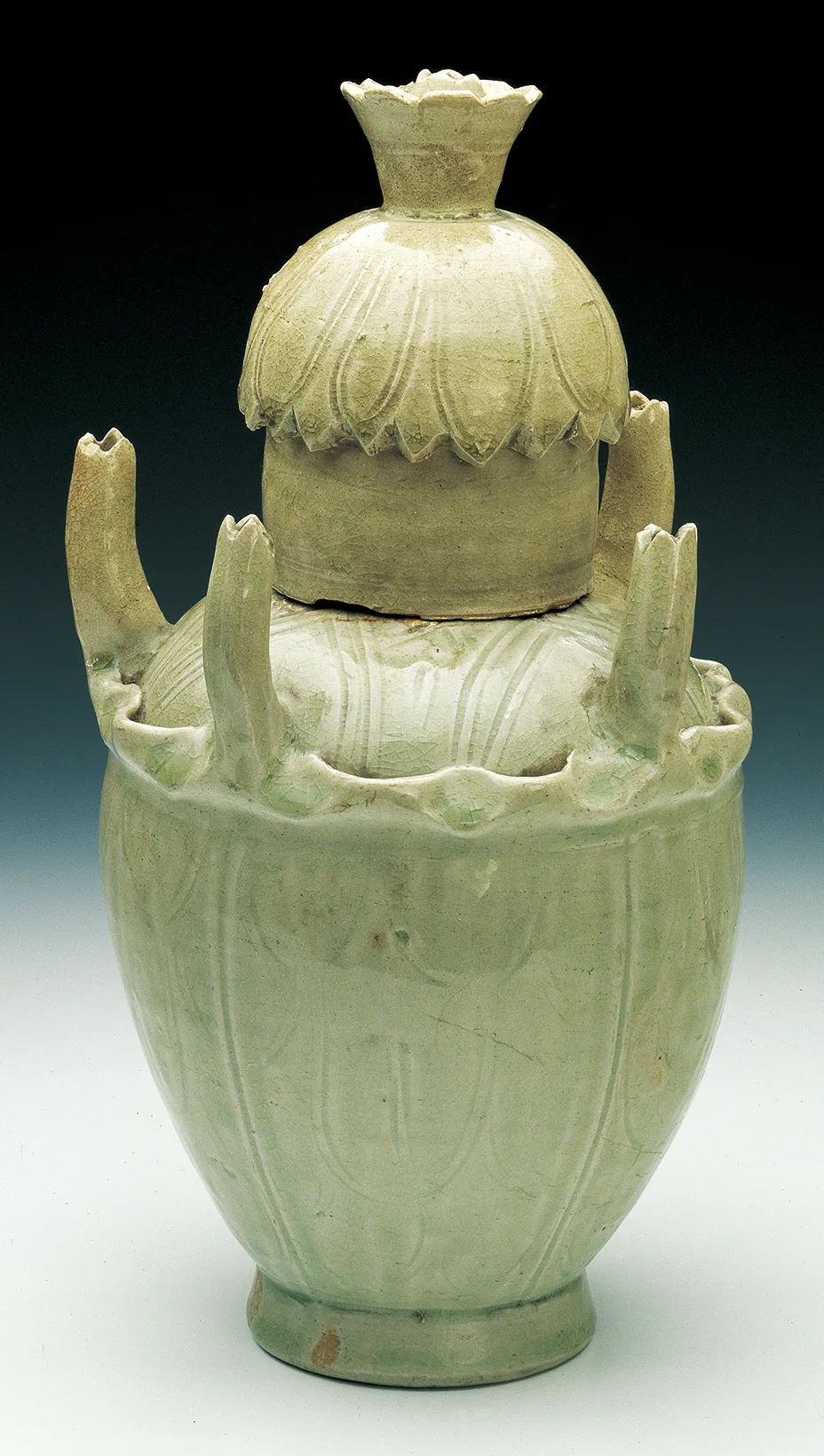 Northern Song Dynasty Longquan kiln celadon lotus-petal pattern five-tube cap vase Collection of Zhejiang Provincial Museum