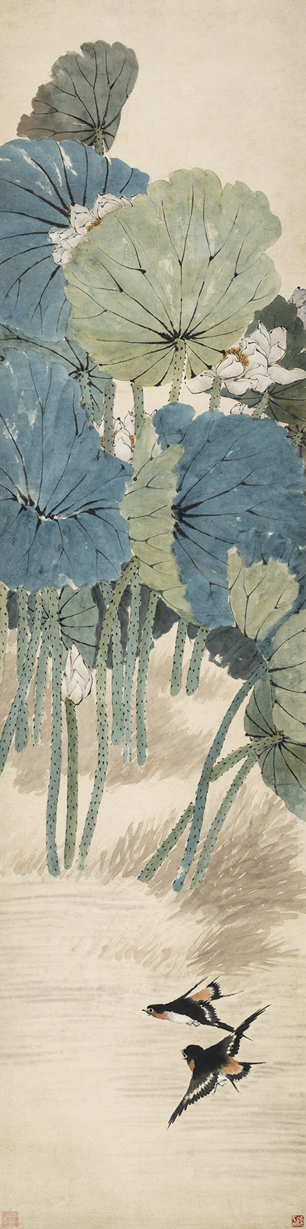 Qing Dynasty, Ren Yi, Lotus and Double Swallows, Scroll, Collection of Zhejiang Provincial Museum, Ink and color on paper, 180.1 cm long, 44.6 cm wide