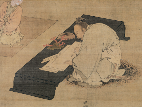 (Ming) Du Jin's painting of Fu Sheng's teaching of scriptures (part), color on silk, 147 cm long, 104.5 cm wide [US] Collection of the Metropolitan Museum of Art