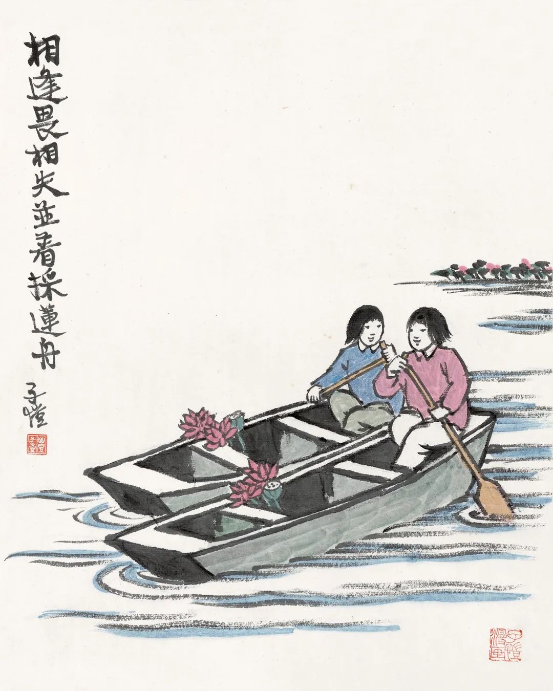 Feng Zikai, co-authored with the lotus-picking boat page, collected by Zhejiang Provincial Museum, color on paper, vertical 34.5 cm, horizontal 27.5 cm