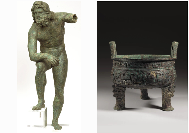 Left: Statue of Poseidon, 2nd century AD, bronze, unearthed in Amberokipi, Athens, in the collection of the National Archaeological Museum of Athens; Right: Qin Gongding, early Spring and Autumn Period (770 BC - first half of the 7th century BC), bronze, Shanghai Museum Tibetan