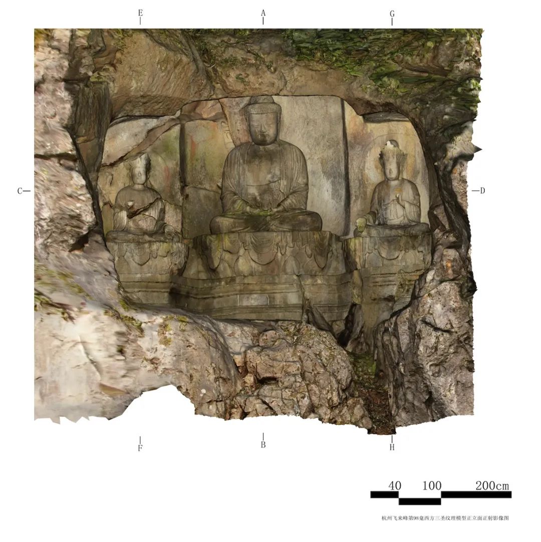 Orthophoto image of the statues of the Three Saints of the West donated by Yang Lianzhenga in the 98th niche of Feilai Peak