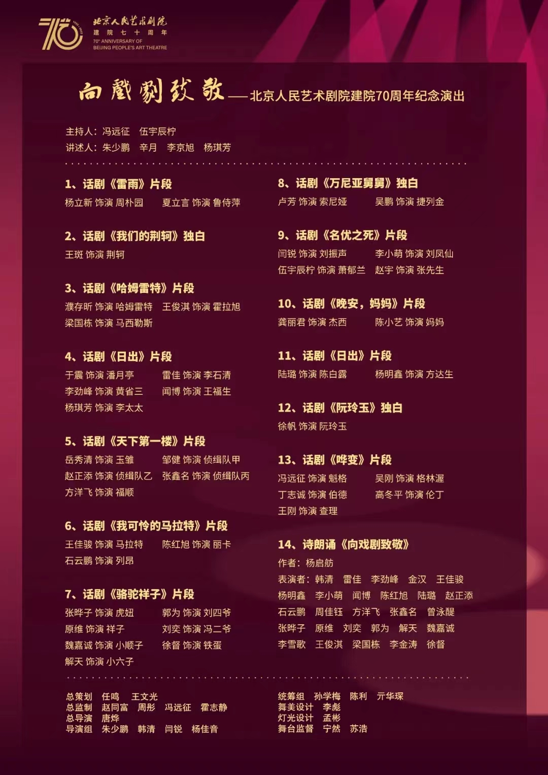 "Salute to Drama - Beijing People's Art Theater 70th Anniversary Commemorative Performance" program list