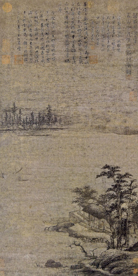 Figure 5 Yuan Dynasty, Zhao Yuan, "Hexi Thatched Cottage", ink and pen light color on paper, 84.3×40.8cm Collection of Shanghai Museum.