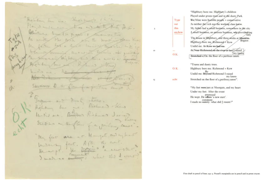 Notes written in green crayon by Ezra Pound in The Wasteland. Image source Faber