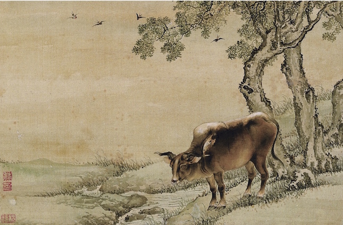 Fig. 6: Shen Quan, "Drinking the Cow by the Stream", 1740, twelve-open book of animals and birds, ink and color on silk, 20.6 cm x 31 cm, gift from Marilyn and Roy Papp, Phoenix Art Museum