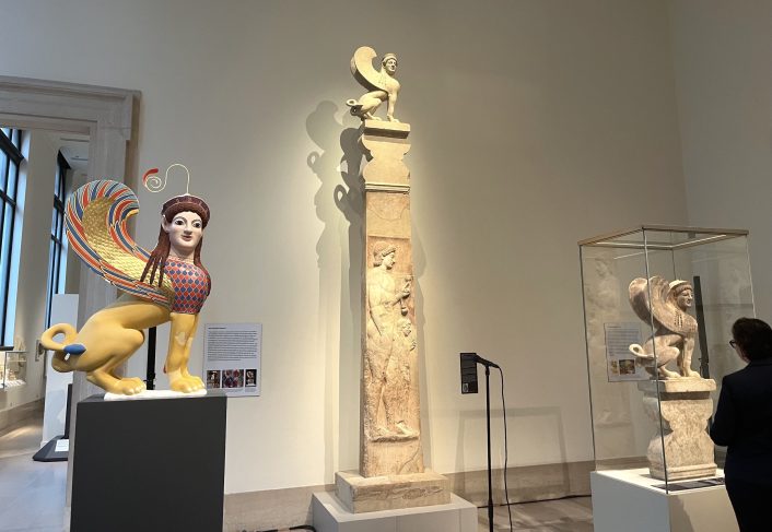 The Sphinx from 530 BC (right) is on display alongside reconstructions in the Metropolitan Museum galleries