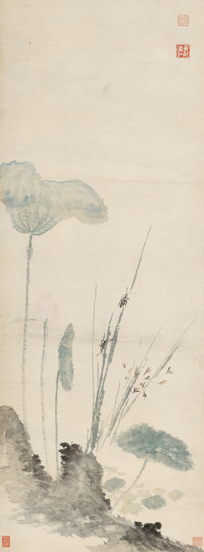 Huang Binhong, Lotus Pond Autumn Interesting Scroll, Collection of Zhejiang Provincial Museum, coloring on paper, vertical 106.6 cm, horizontal 39.9 cm