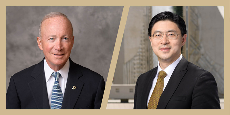 On the left is the current Principal Mitch Daniels, on the right is the next Principal Mung Chiang