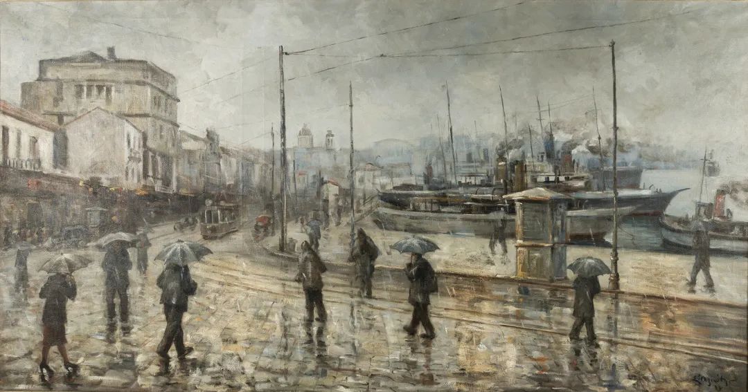 Stratis Arciottis, "In the Port of Piraeus", 1938, oil on canvas, collection of the Municipal Art Museum of Piraeus