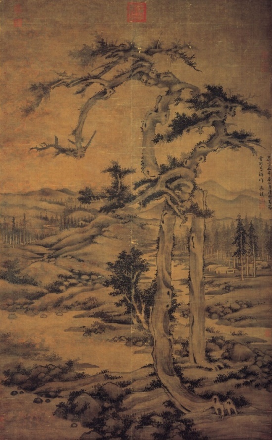 Figure 2 Yuan Dynasty, Wu Zhen, "Double Pines", scroll, ink on silk, 180x111.4cm, in the collection of the National Palace Museum, Taipei.