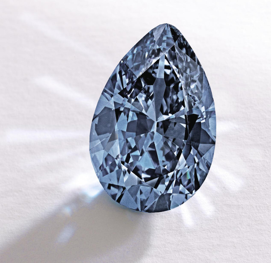 “The Zoe Diamond,” a 9.75-carat Fancy Vivid blue diamond from the Mrs. Mellon Collection, pear-shaped, VVS2 clarity, Sotheby’s New York, November 2014, sold for $32,645,000 ($3,348,205 per carat).