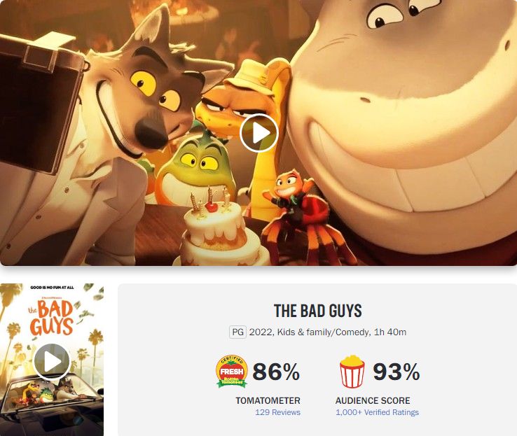 Bad Guys is rated 86% by professional critics and 93% by audiences on Rotten Tomatoes