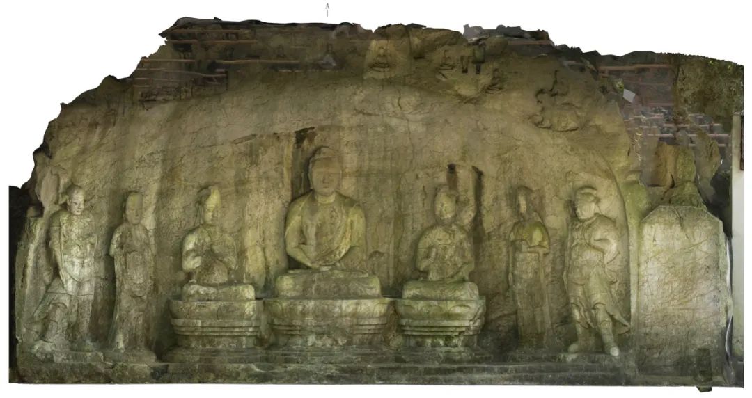 Orthophoto image of the front elevation of the statues of the Three Western Saints, the Bodhisattva and the King of Heaven in the Ziyan Courtyard of Ciyunling during the Wuyue Kingdom period