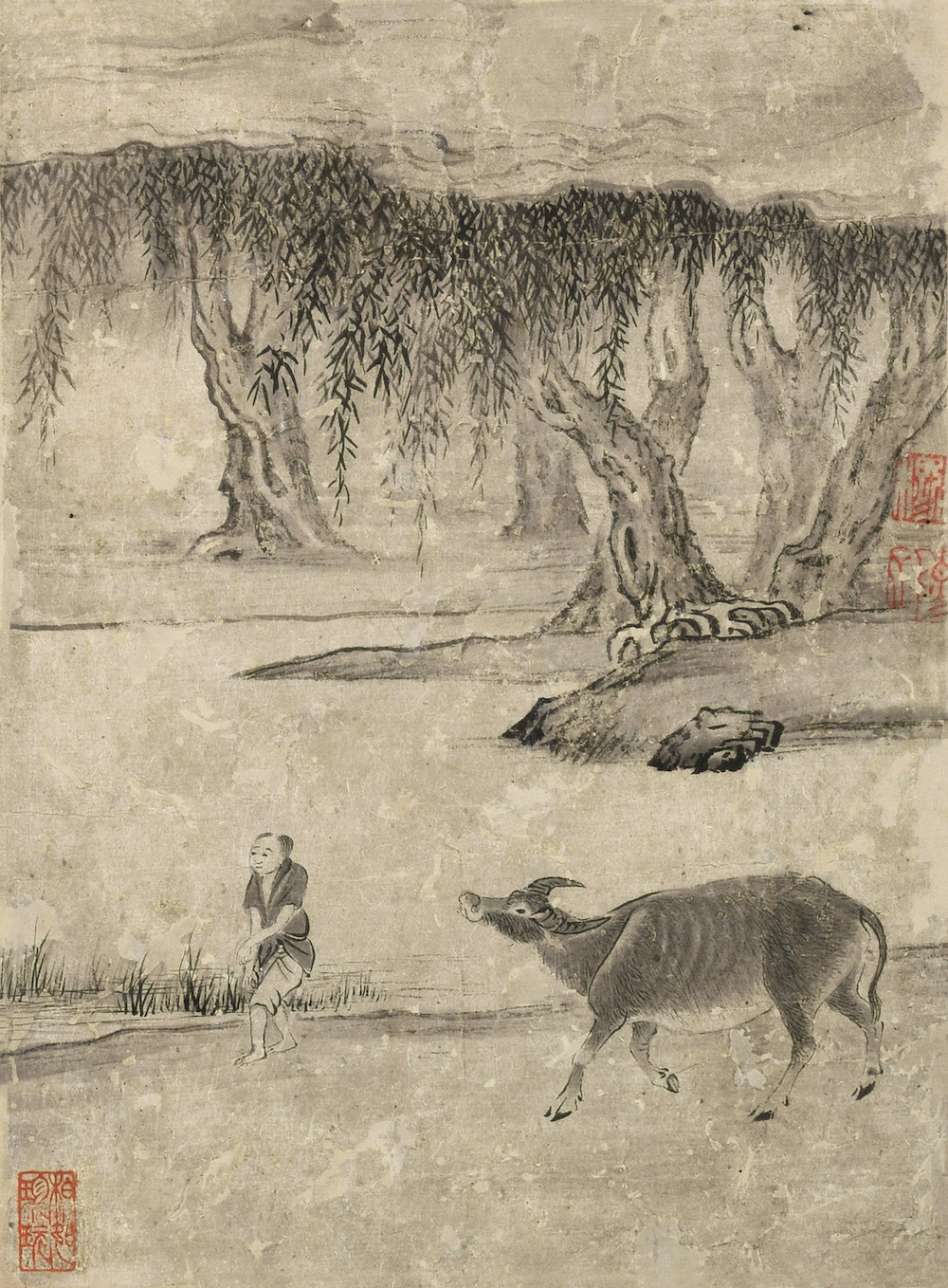 (Ming) Zhang Mu's Atlas of Cattle Herding · Taming, Ink and color on paper, 23.7 cm long, 17.7 cm wide, donated by Mr. Yang Quan, collected by Guangzhou Art Museum