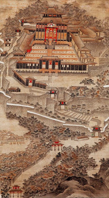 Shuri Castle Map, Second Shoji Period (19th century); depicting Shuri Castle in the first half of the 19th century, it is a precious drawing reflecting the style of Shuri Castle during the Kingdom Period.