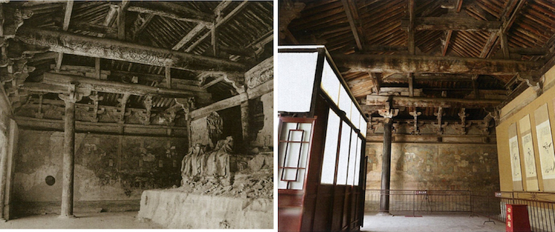 The interior of Chongyang Hall: Comparison of photos in 1958 and 2019, the source of the picture (edited by Zha Qun, Preliminary compilation of the Yongle Palace Relocation Project Archives [M]. Beijing: Cultural Relics Publishing House, 2020.: Figures 3-132, 3-133)