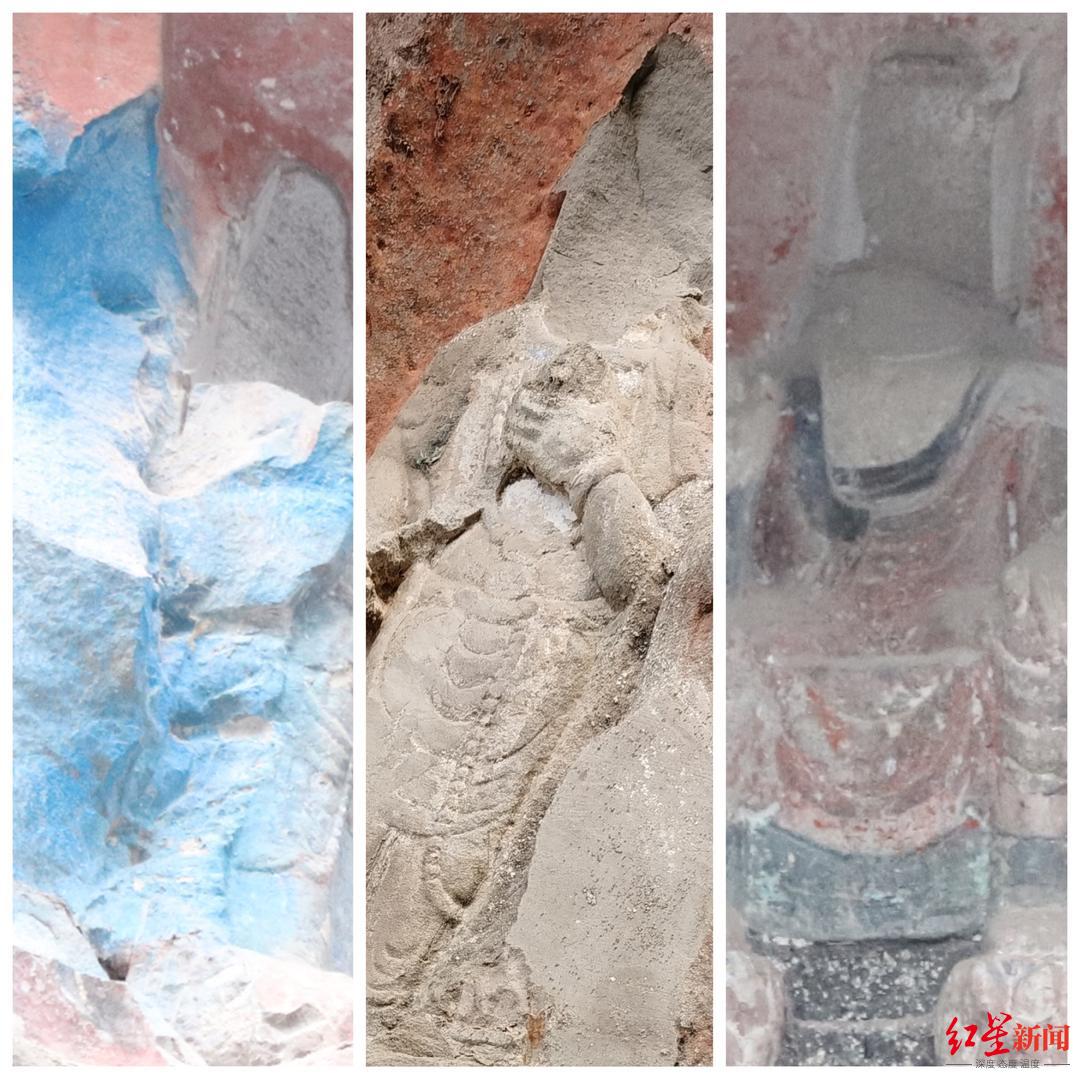 Comparison of before and after the theft of some cliff stone statues (Buddha statues)