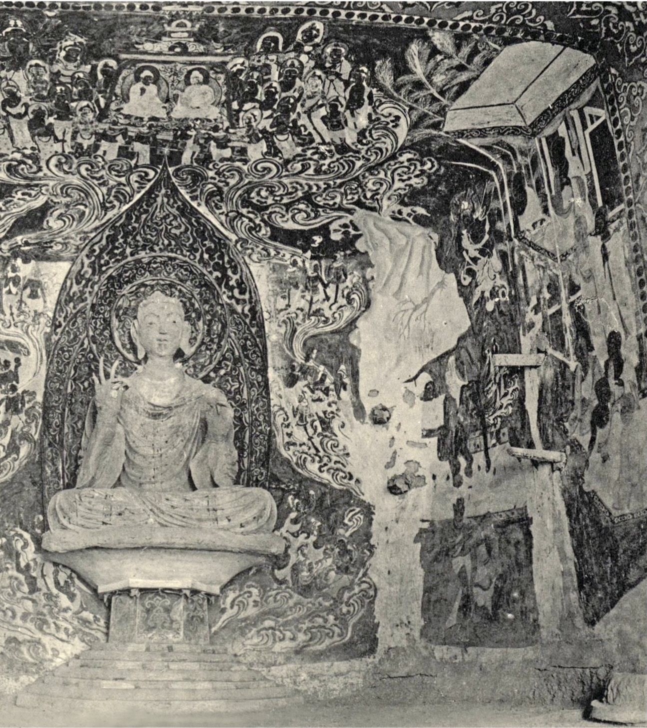 Figure 6: The right half of the fresco "Conquering the Demons" in Cave 335, photographed by Pelliot in 1908